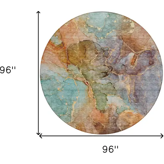 8' Copper Orange And Teal Blue Round Abstract Washable Indoor Outdoor Area Rug Photo 3