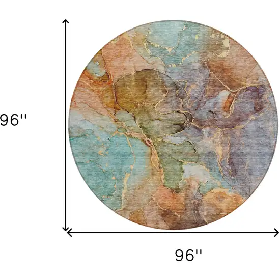 8' Copper Orange And Teal Blue Round Abstract Washable Indoor Outdoor Area Rug Photo 3