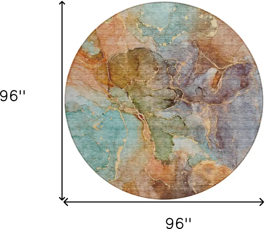 8' Copper Orange And Teal Blue Round Abstract Washable Indoor Outdoor Area Rug Photo 3