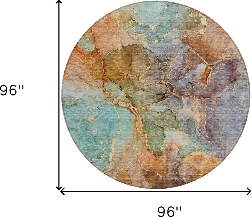 8' Copper Orange And Teal Blue Round Abstract Washable Indoor Outdoor Area Rug Photo 3