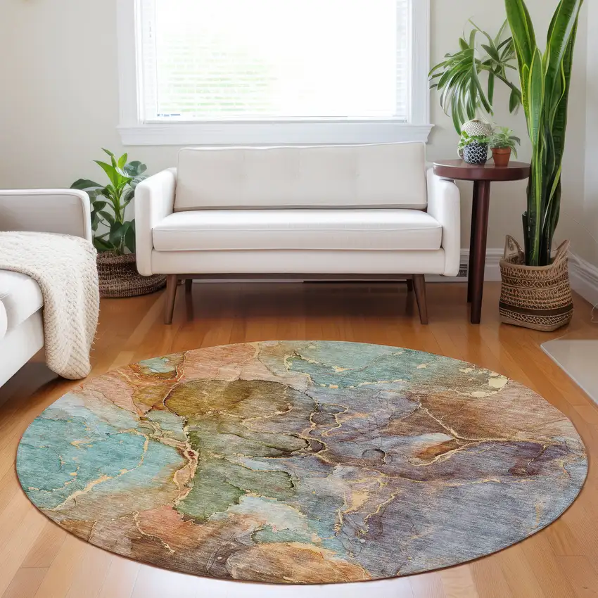 8' Copper Orange And Teal Blue Round Abstract Washable Indoor Outdoor Area Rug Photo 9