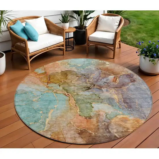 8' Copper Orange And Teal Blue Round Abstract Washable Indoor Outdoor Area Rug Photo 1