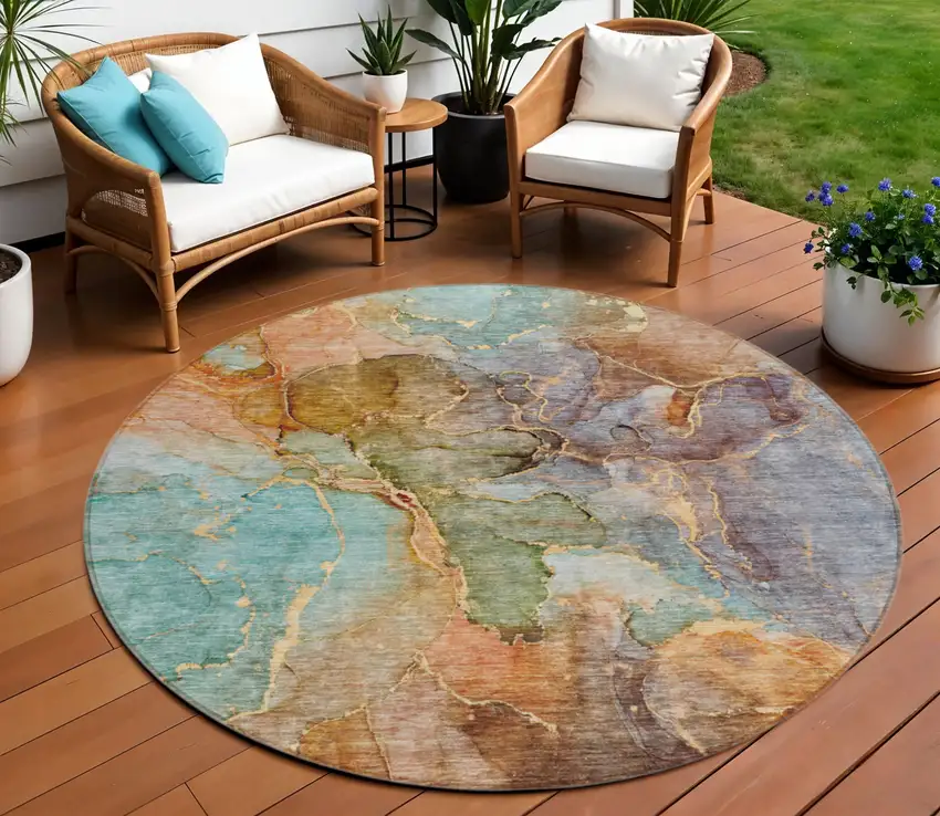 8' Copper Orange And Teal Blue Round Abstract Washable Indoor Outdoor Area Rug Photo 1