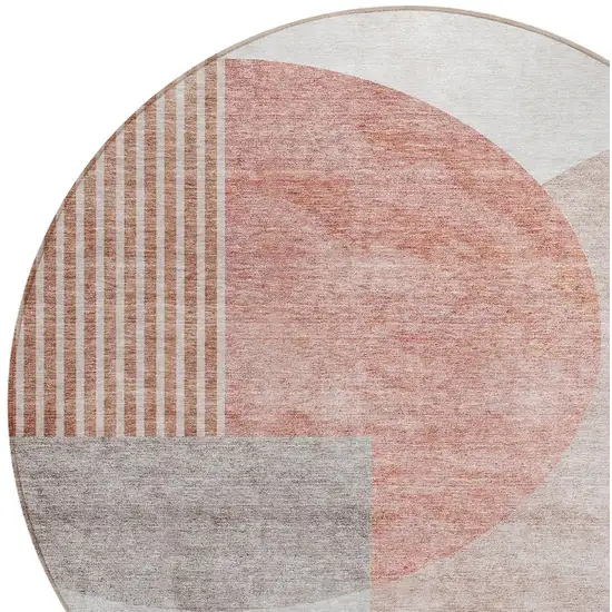 8' Copper Red And Gray Round Geometric Washable Indoor Outdoor Area Rug Photo 5