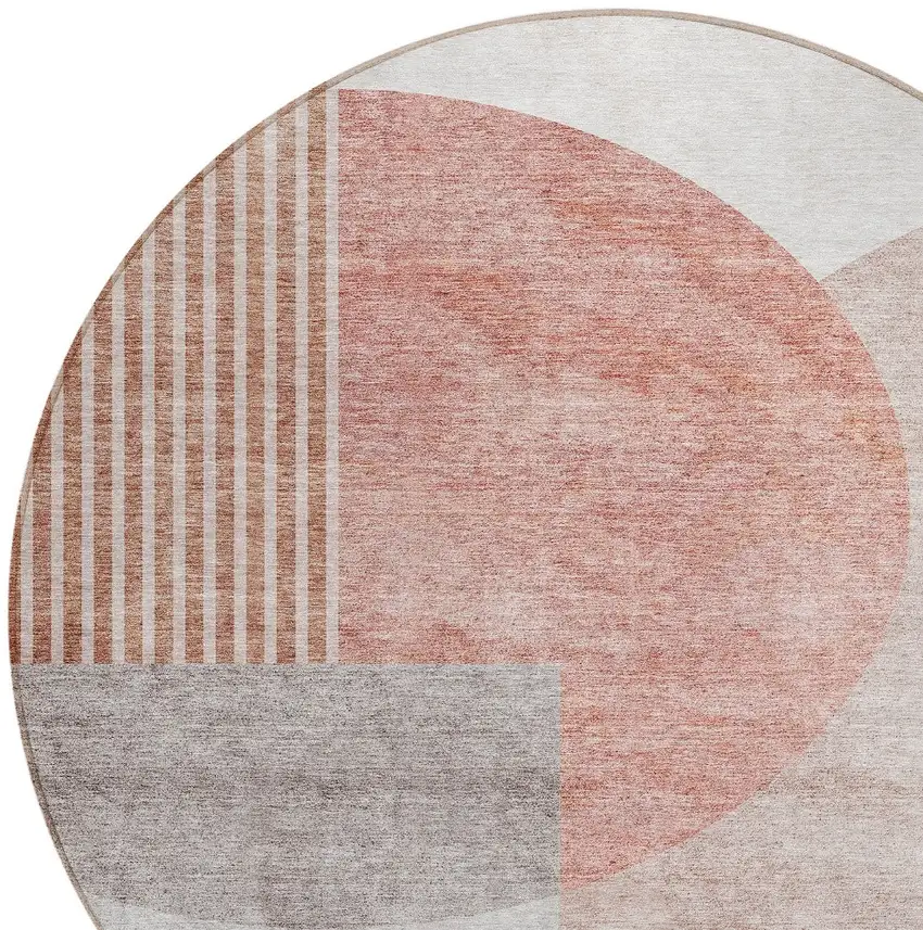 8' Copper Red And Gray Round Geometric Washable Indoor Outdoor Area Rug Photo 5