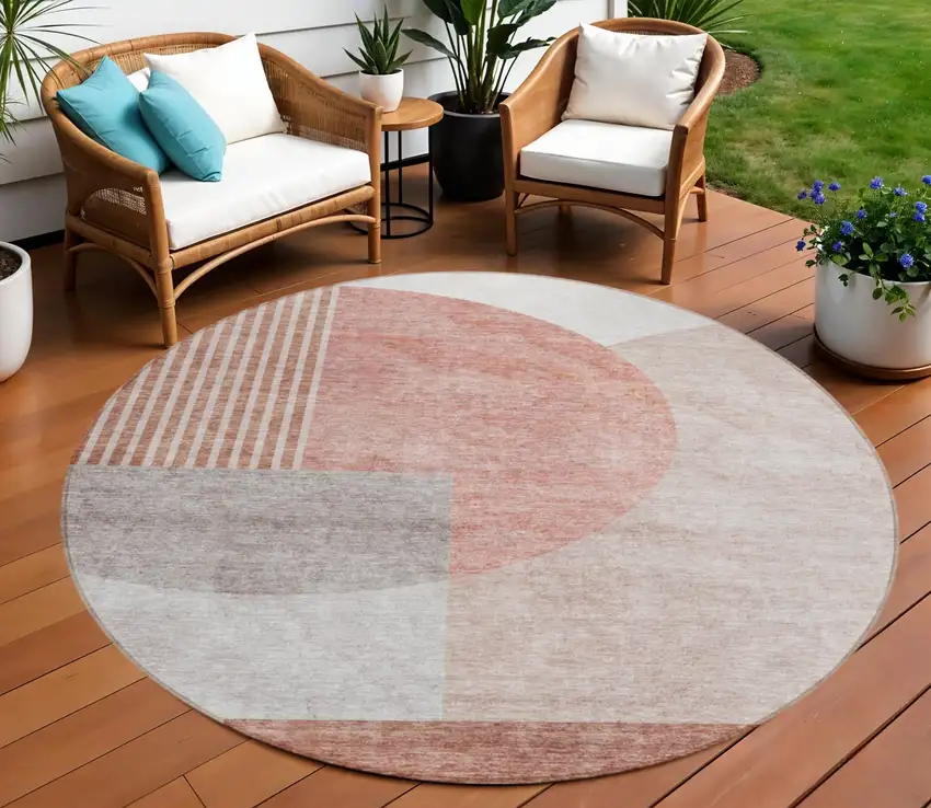 8' Copper Red And Gray Round Geometric Washable Indoor Outdoor Area Rug Photo 1