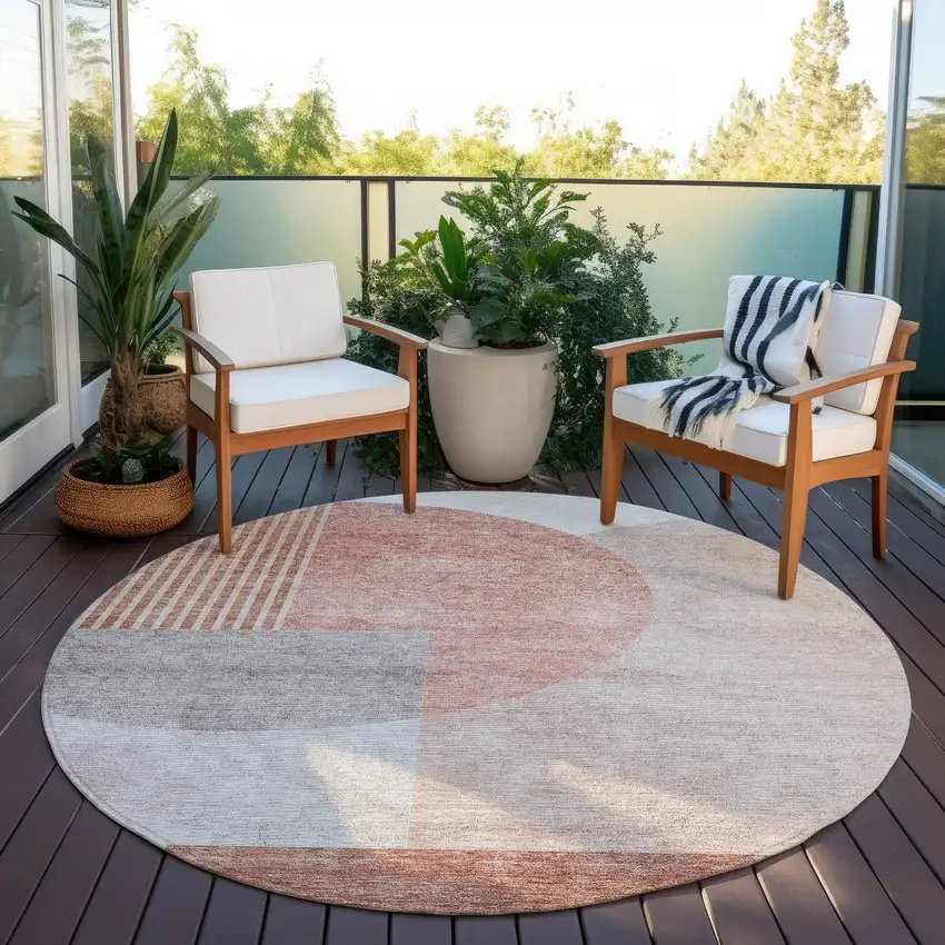 8' Copper Red And Gray Round Geometric Washable Indoor Outdoor Area Rug Photo 7