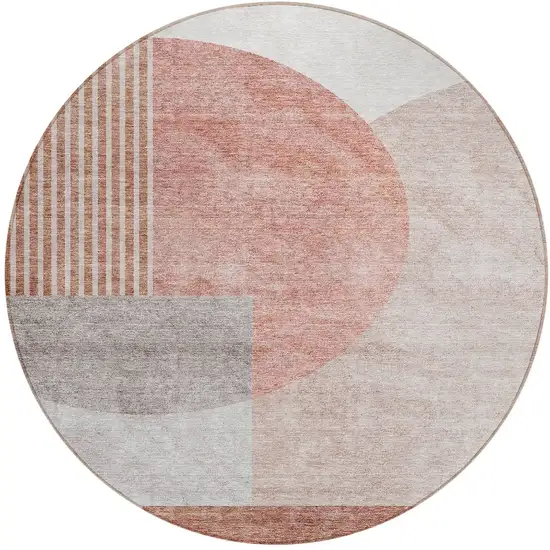 8' Copper Red And Gray Round Geometric Washable Indoor Outdoor Area Rug Photo 6