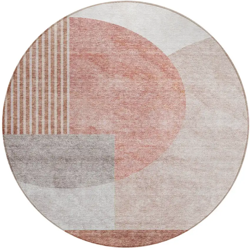 8' Copper Red And Gray Round Geometric Washable Indoor Outdoor Area Rug Photo 6