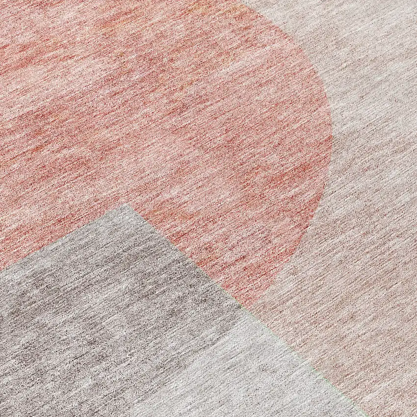 8' Copper Red And Gray Round Geometric Washable Indoor Outdoor Area Rug Photo 9