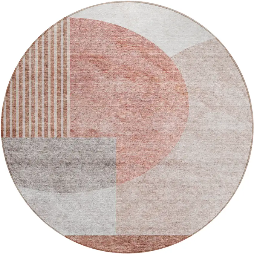 8' Copper Red And Gray Round Geometric Washable Indoor Outdoor Area Rug Photo 2