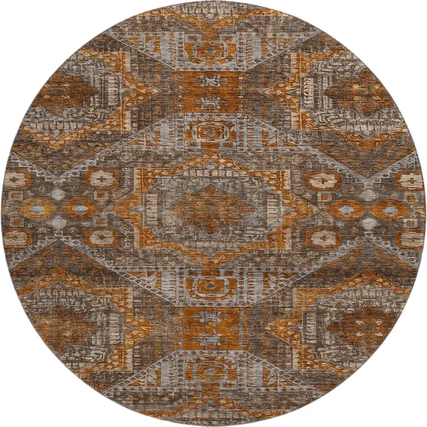 8' Copper Rust And Beige Abstract Geometric Washable Round Rug With UV Protection Photo 1