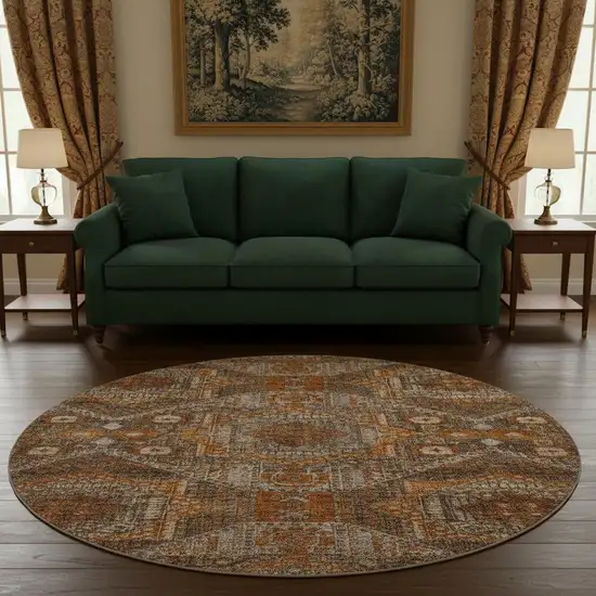 8' Copper Rust And Beige Abstract Geometric Washable Round Rug With UV Protection Photo 2