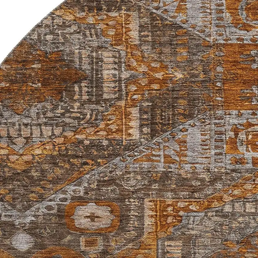 8' Copper Rust And Beige Abstract Geometric Washable Round Rug With UV Protection Photo 3