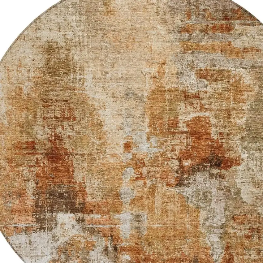 8' Copper Rust And Beige Round Abstract Washable Indoor Outdoor Area Rug Photo 7