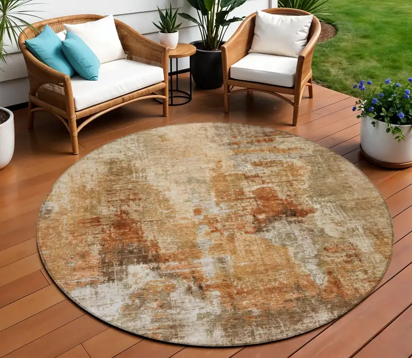 8' Copper Rust And Beige Round Abstract Washable Indoor Outdoor Area Rug Photo 1