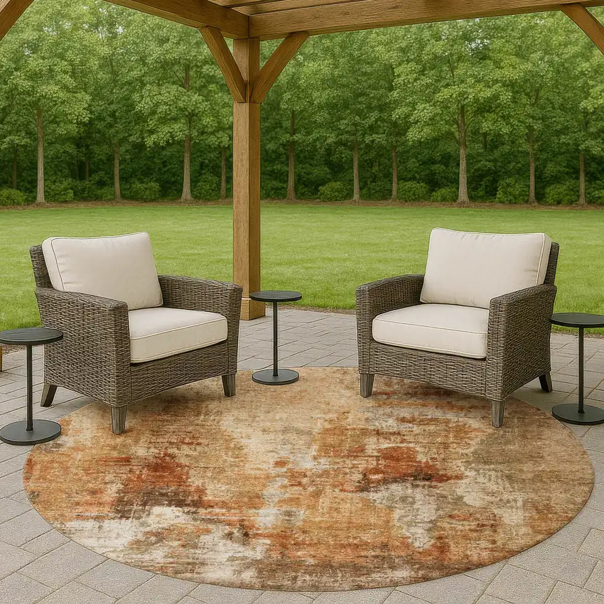 8' Copper Rust And Beige Round Abstract Washable Indoor Outdoor Area Rug Photo 8