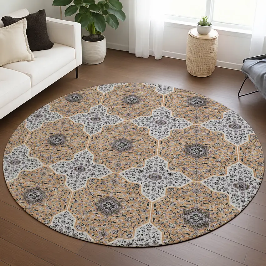8' Copper Silver And Black Round Quatrefoil Washable Indoor Outdoor Area Rug Photo 5