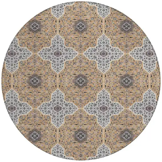 8' Copper Silver And Black Round Quatrefoil Washable Indoor Outdoor Area Rug Photo 3