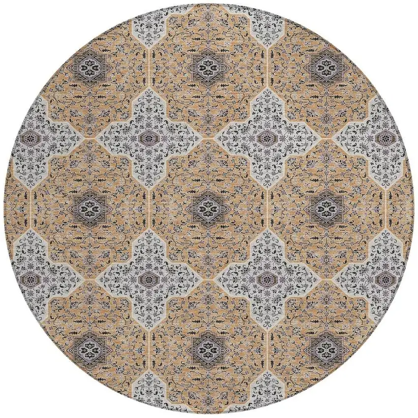 8' Copper Silver And Black Round Quatrefoil Washable Indoor Outdoor Area Rug Photo 3