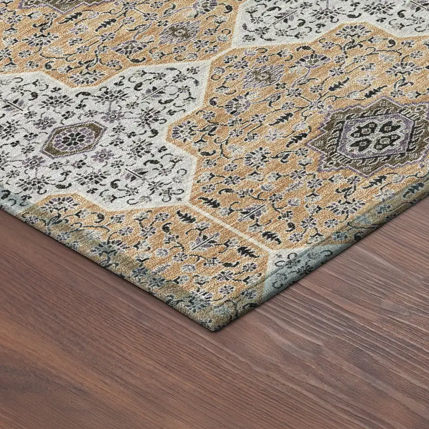 8' Copper Silver And Black Round Quatrefoil Washable Indoor Outdoor Area Rug Photo 8