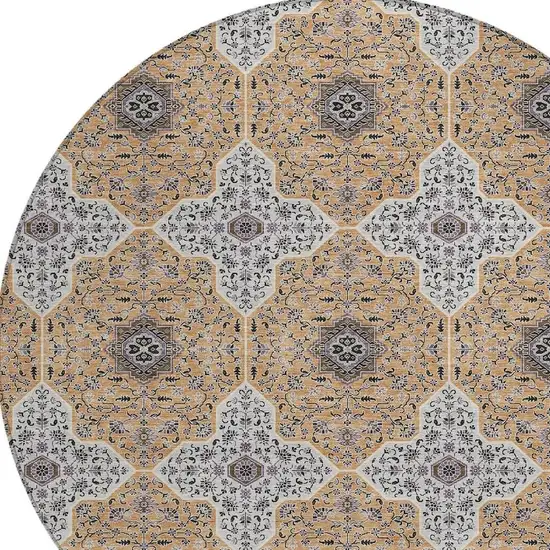 8' Copper Silver And Black Round Quatrefoil Washable Indoor Outdoor Area Rug Photo 2