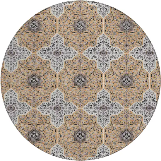 8' Copper Silver And Black Round Quatrefoil Washable Indoor Outdoor Area Rug Photo 1