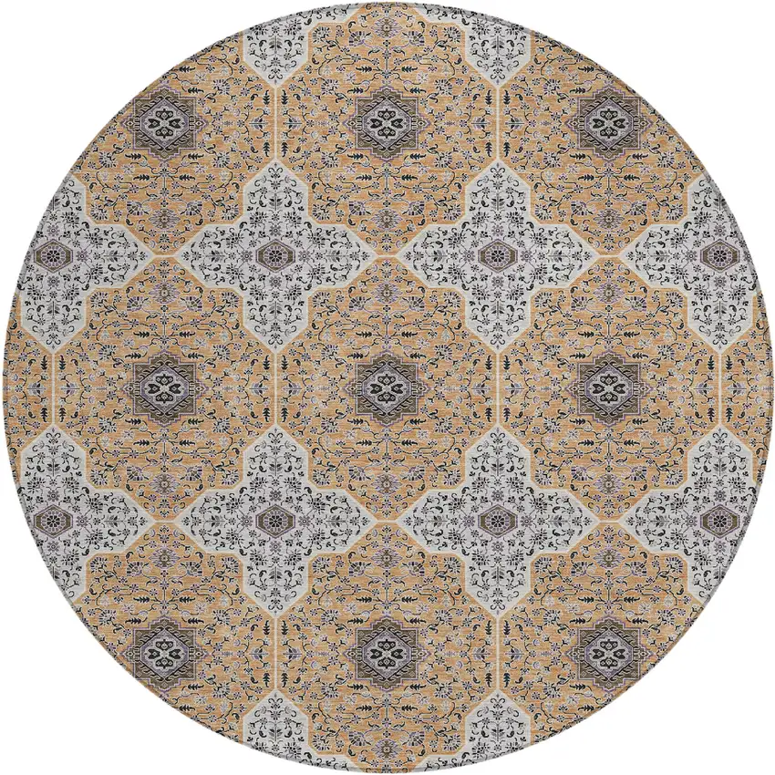 8' Copper Silver And Black Round Quatrefoil Washable Indoor Outdoor Area Rug Photo 1