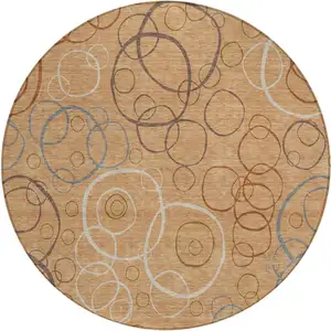Photo of 8' Copper Silver And Rust Round Geometric Washable Indoor Outdoor Area Rug