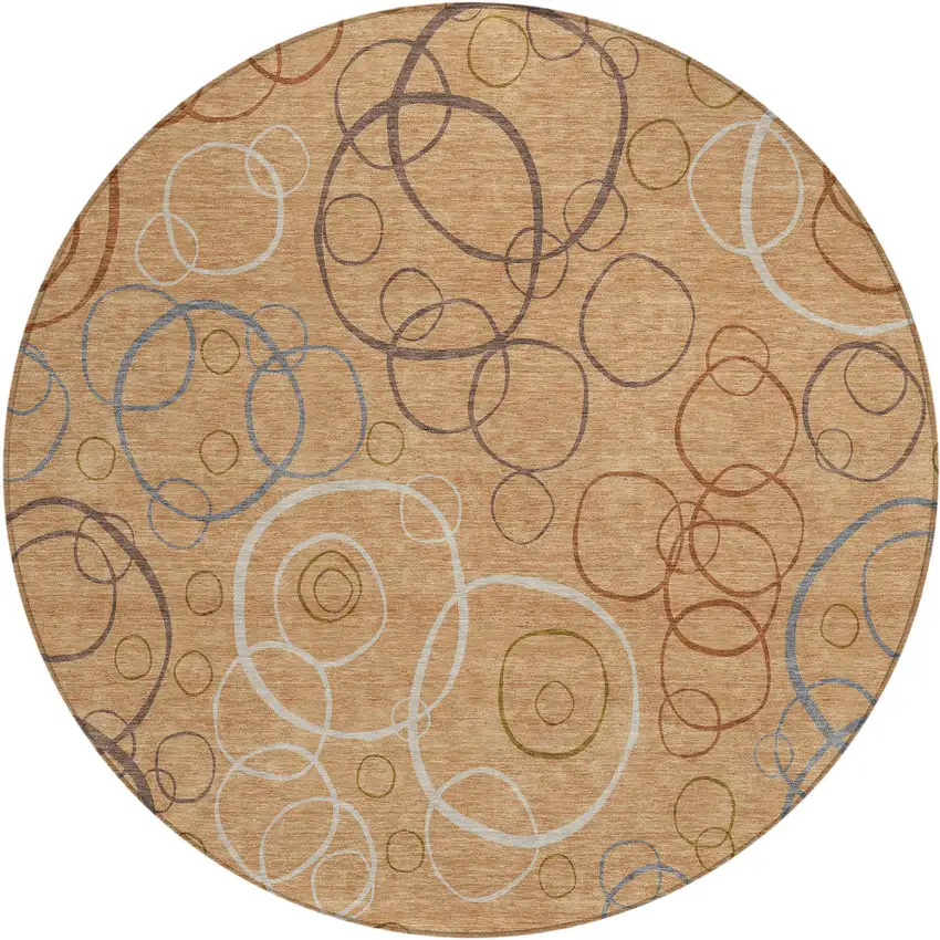 8' Copper Silver And Rust Round Geometric Washable Indoor Outdoor Area Rug Photo 1