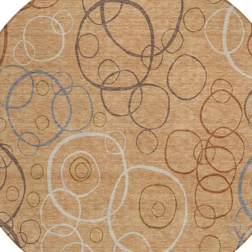 8' Copper Silver And Rust Round Geometric Washable Indoor Outdoor Area Rug Photo 2