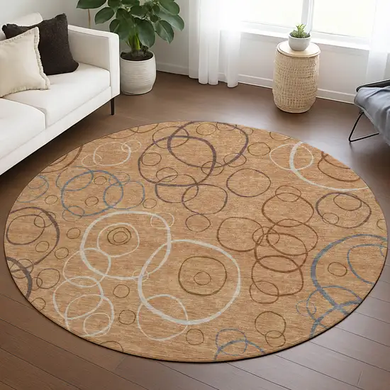 8' Copper Silver And Rust Round Geometric Washable Indoor Outdoor Area Rug Photo 5