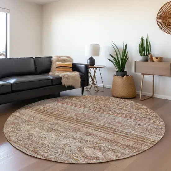 8' Copper Tan And Beige Round Floral Washable Indoor Outdoor Area Rug Photo 6