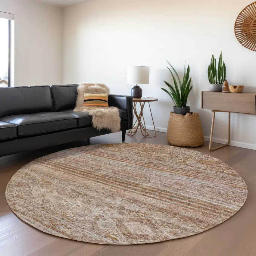 8' Copper Tan And Beige Round Floral Washable Indoor Outdoor Area Rug Photo 6