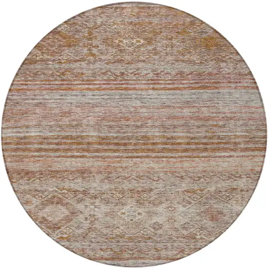 8' Copper Tan And Beige Round Floral Washable Indoor Outdoor Area Rug Photo 4