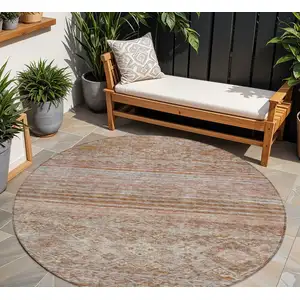 Photo of 8' Copper Tan And Beige Round Floral Washable Indoor Outdoor Area Rug