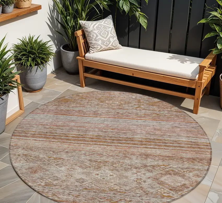 8' Copper Tan And Beige Round Floral Washable Indoor Outdoor Area Rug Photo 1