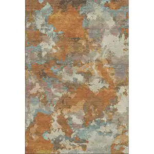 Photo of 8' Copper Taupe And Orange Abstract Washable Area Rug With UV Protection