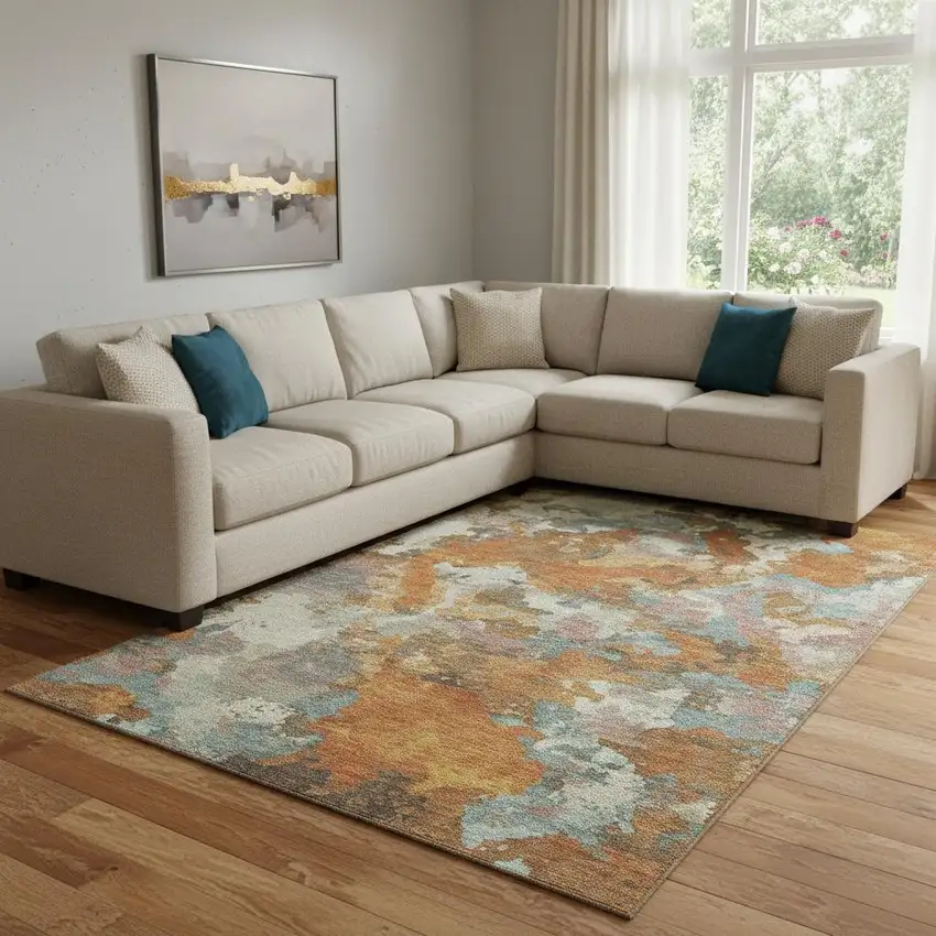 8' Copper Taupe And Orange Abstract Washable Area Rug With UV Protection Photo 2