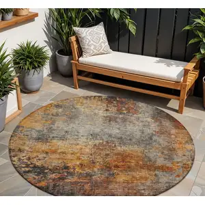 Photo of 8' Copper Terra Cotta And Black Round Abstract Washable Indoor Outdoor Area Rug