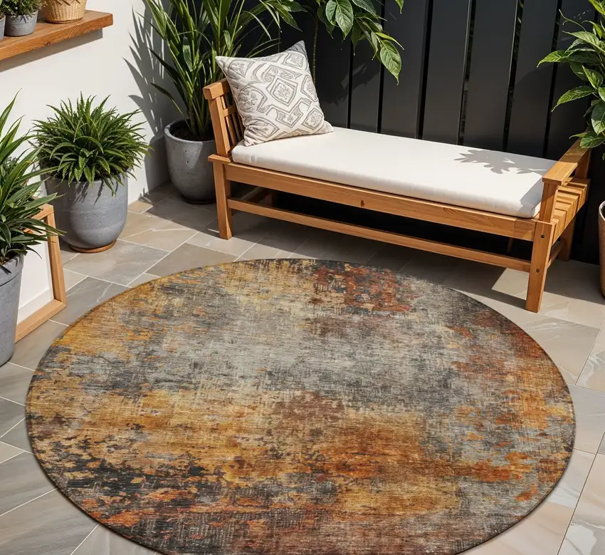 8' Copper Terra Cotta And Black Round Abstract Washable Indoor Outdoor Area Rug Photo 1