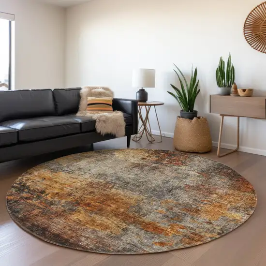 8' Copper Terra Cotta And Black Round Abstract Washable Indoor Outdoor Area Rug Photo 7