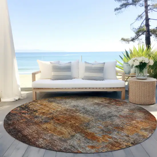 8' Copper Terra Cotta And Black Round Abstract Washable Indoor Outdoor Area Rug Photo 6