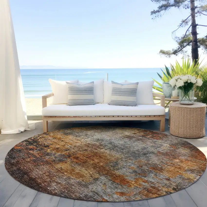 8' Copper Terra Cotta And Black Round Abstract Washable Indoor Outdoor Area Rug Photo 6