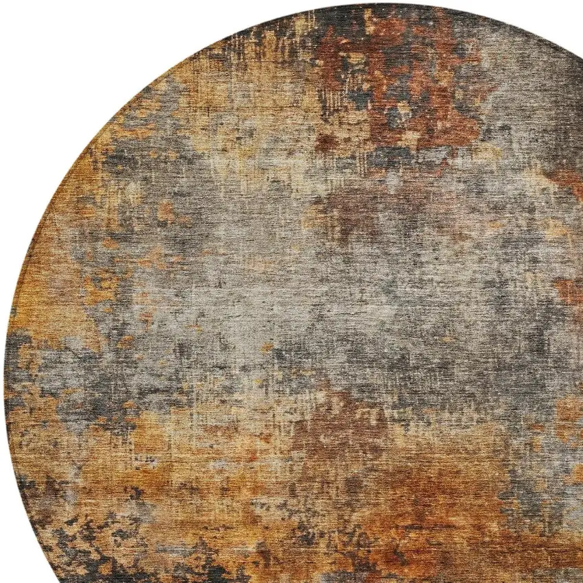 8' Copper Terra Cotta And Black Round Abstract Washable Indoor Outdoor Area Rug Photo 4