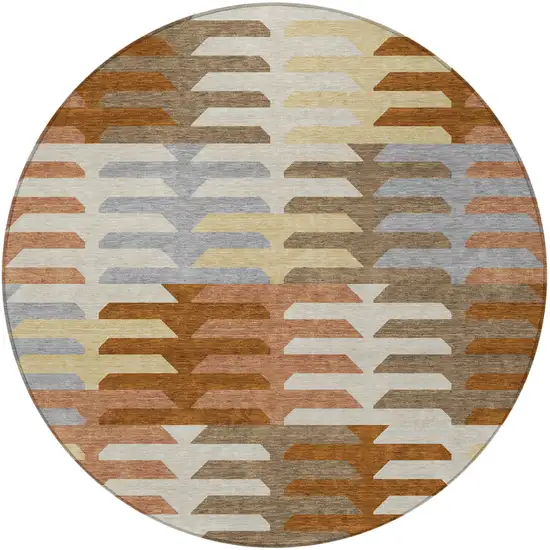 8' Copper Wheat And Beige Round Geometric Washable Indoor Outdoor Area Rug Photo 4