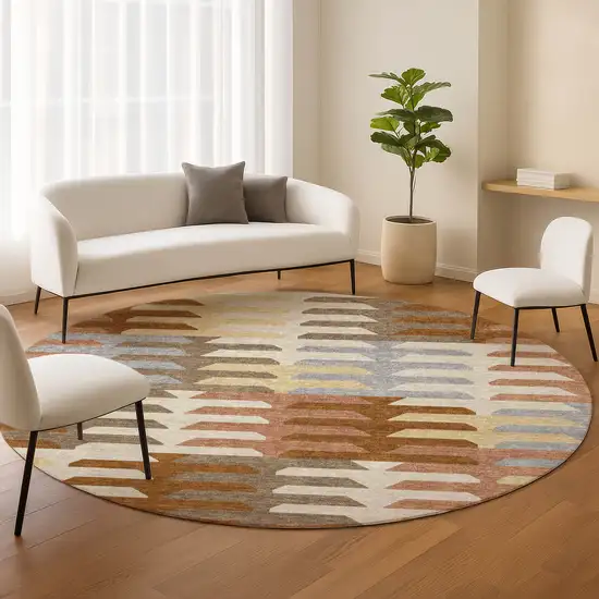 8' Copper Wheat And Beige Round Geometric Washable Indoor Outdoor Area Rug Photo 8