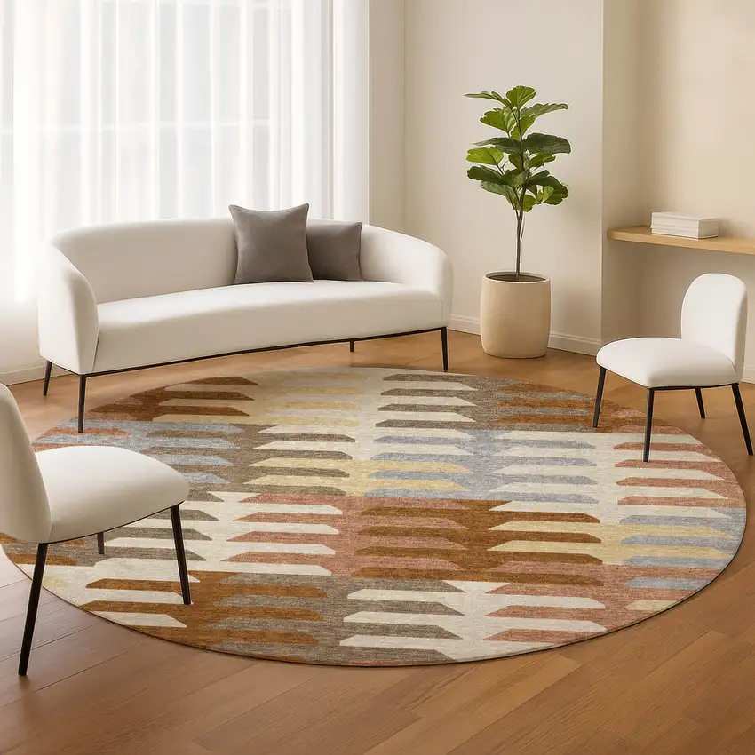 8' Copper Wheat And Beige Round Geometric Washable Indoor Outdoor Area Rug Photo 8