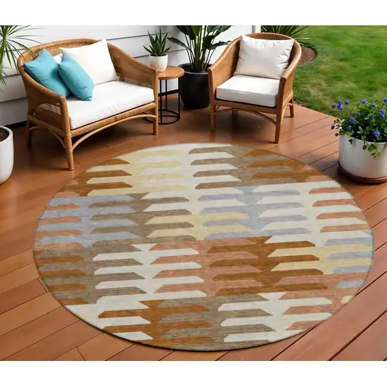 8' Copper Wheat And Beige Round Geometric Washable Indoor Outdoor Area Rug Photo 1