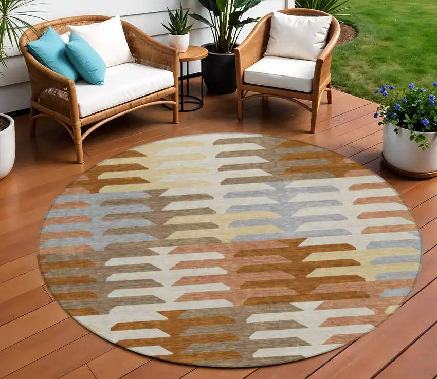 8' Copper Wheat And Beige Round Geometric Washable Indoor Outdoor Area Rug Photo 1